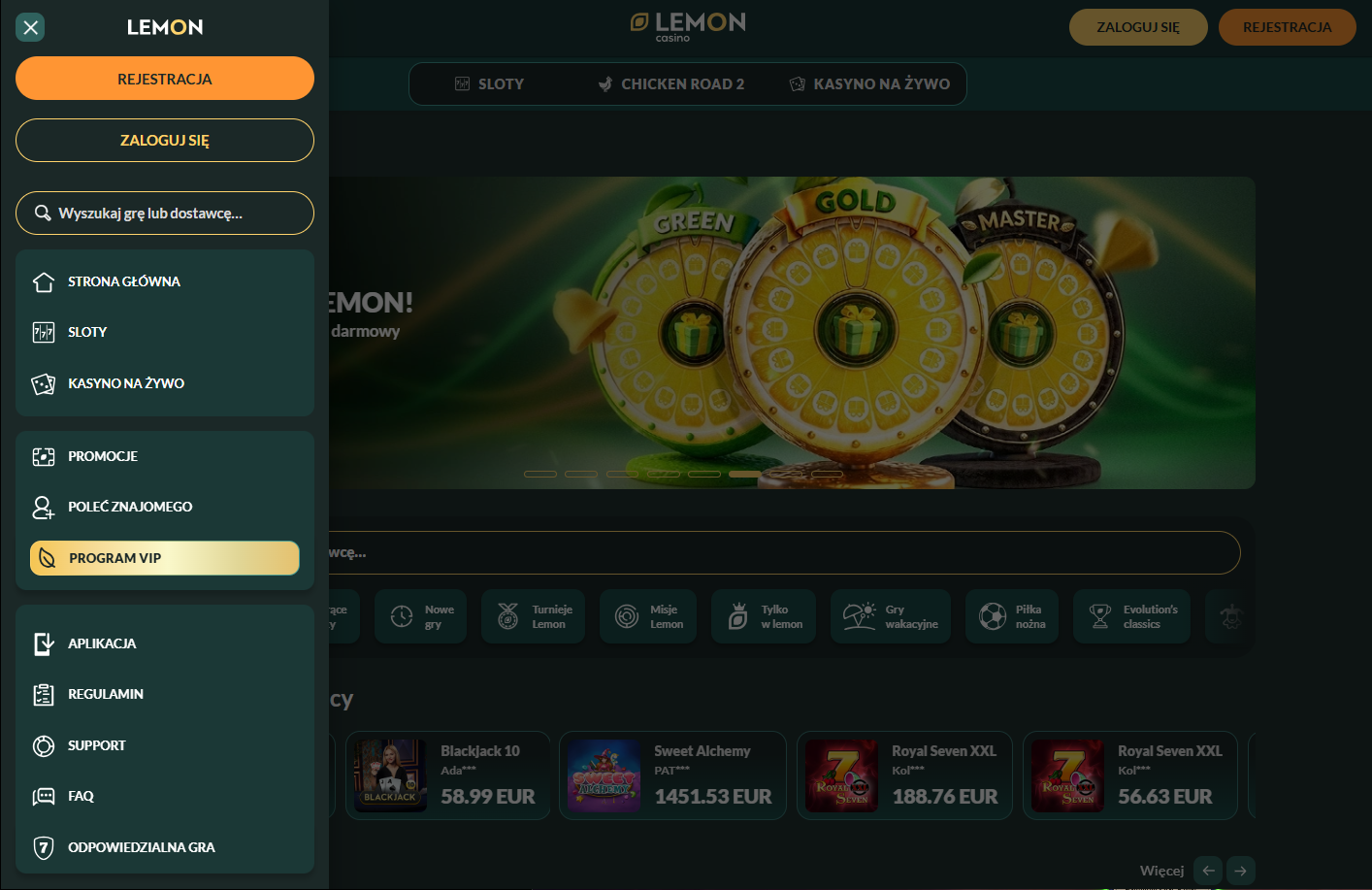 Zrzut ekranu strony Lemon Casino